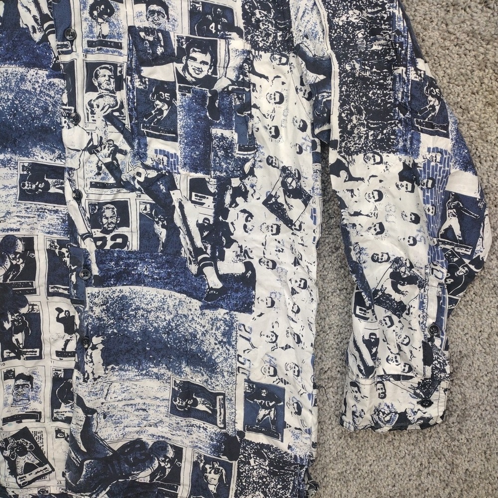 ROBERT STOCK SILK FOOTBALL PLAYER BUTTON UP Blue White All Over Print Men's LG - Picture 5 of 14